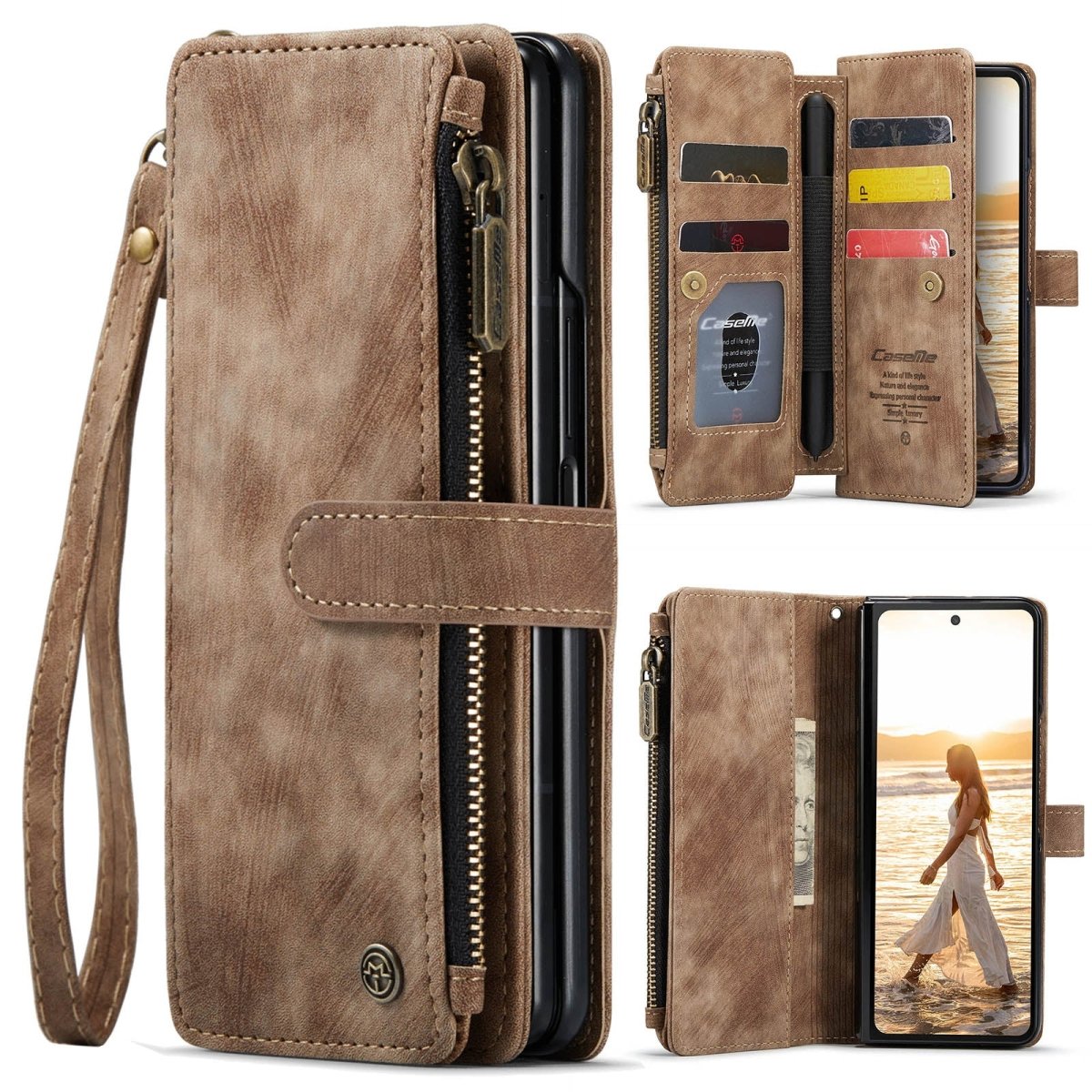 Zipper Leather Wallet Case For Samsung Z Fold - Brown