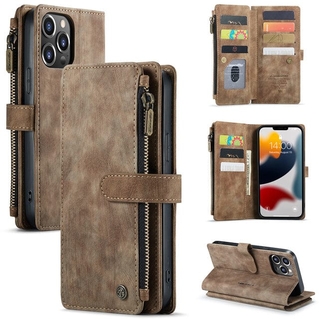 Zipper Leather Wallet Phone Case - Brown