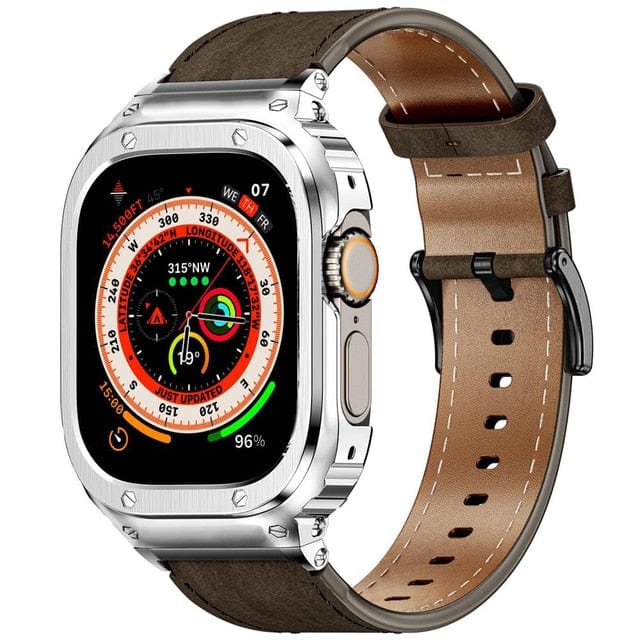 Leather Watch Band With Shockproof Case - Coffee Silver