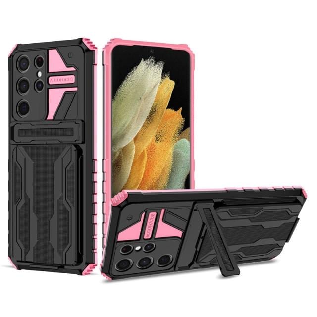 Shockproof Card Holder Case With Kickstand For Samsung Galaxy - Pink