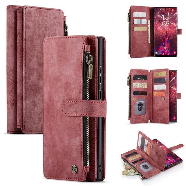 Zipper Leather Wallet Case For Samsung Galaxy - Red