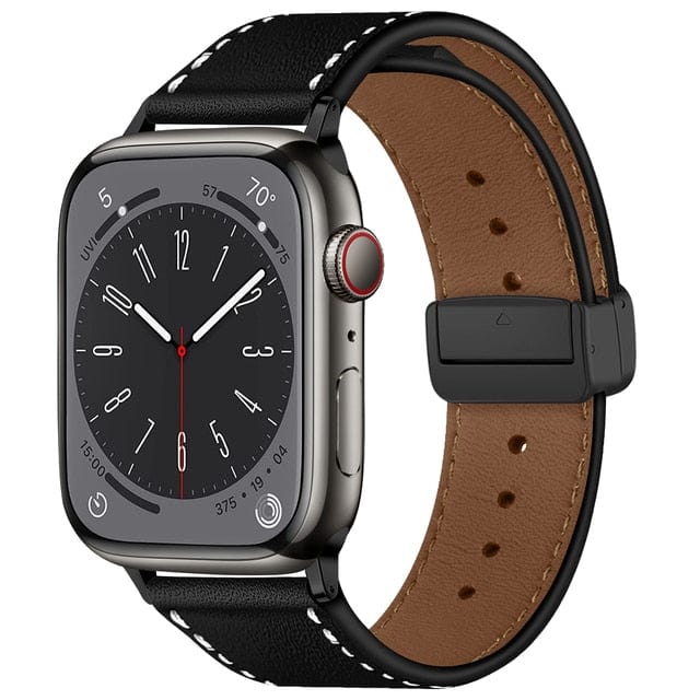 Magnetic Buckle Leather Watch Band - Black