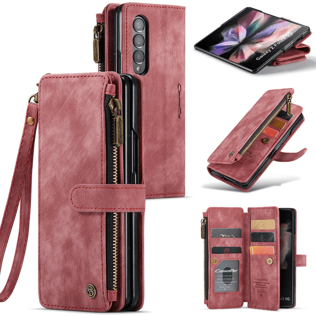Zipper Leather Wallet Case For Samsung Z Fold - Red