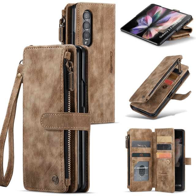 Zipper Leather Wallet Case For Samsung Z Fold - Brown
