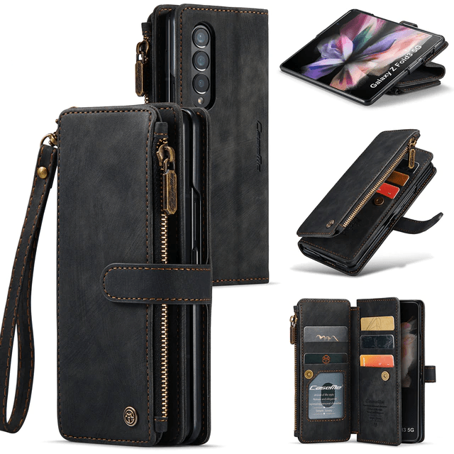 Zipper Leather Wallet Case For Samsung Z Fold - Black
