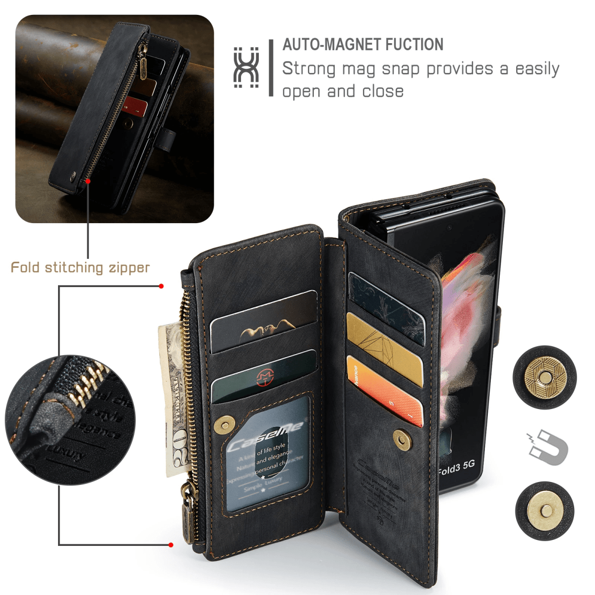 Zipper Leather Wallet Case For Samsung Z Fold