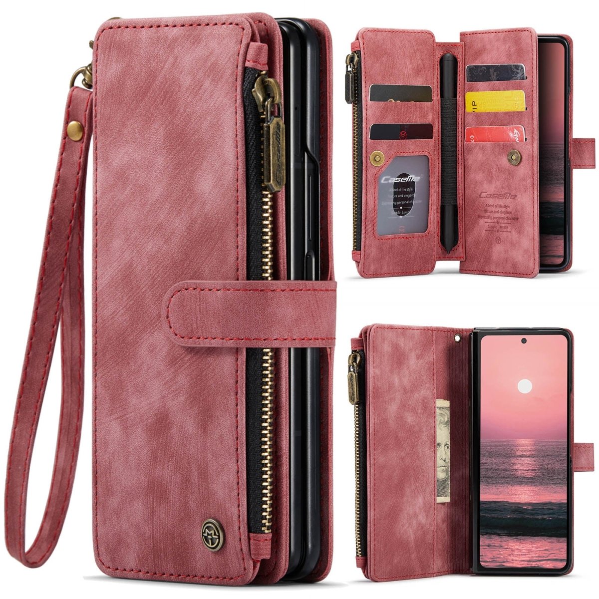 Zipper Leather Wallet Case For Samsung Z Fold - Red