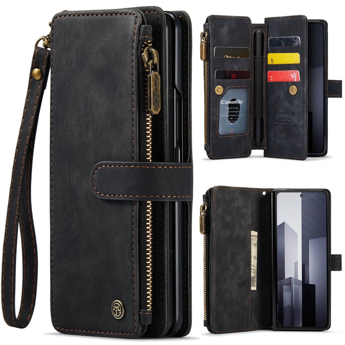 Zipper Leather Wallet Case For Samsung Z Fold - Black