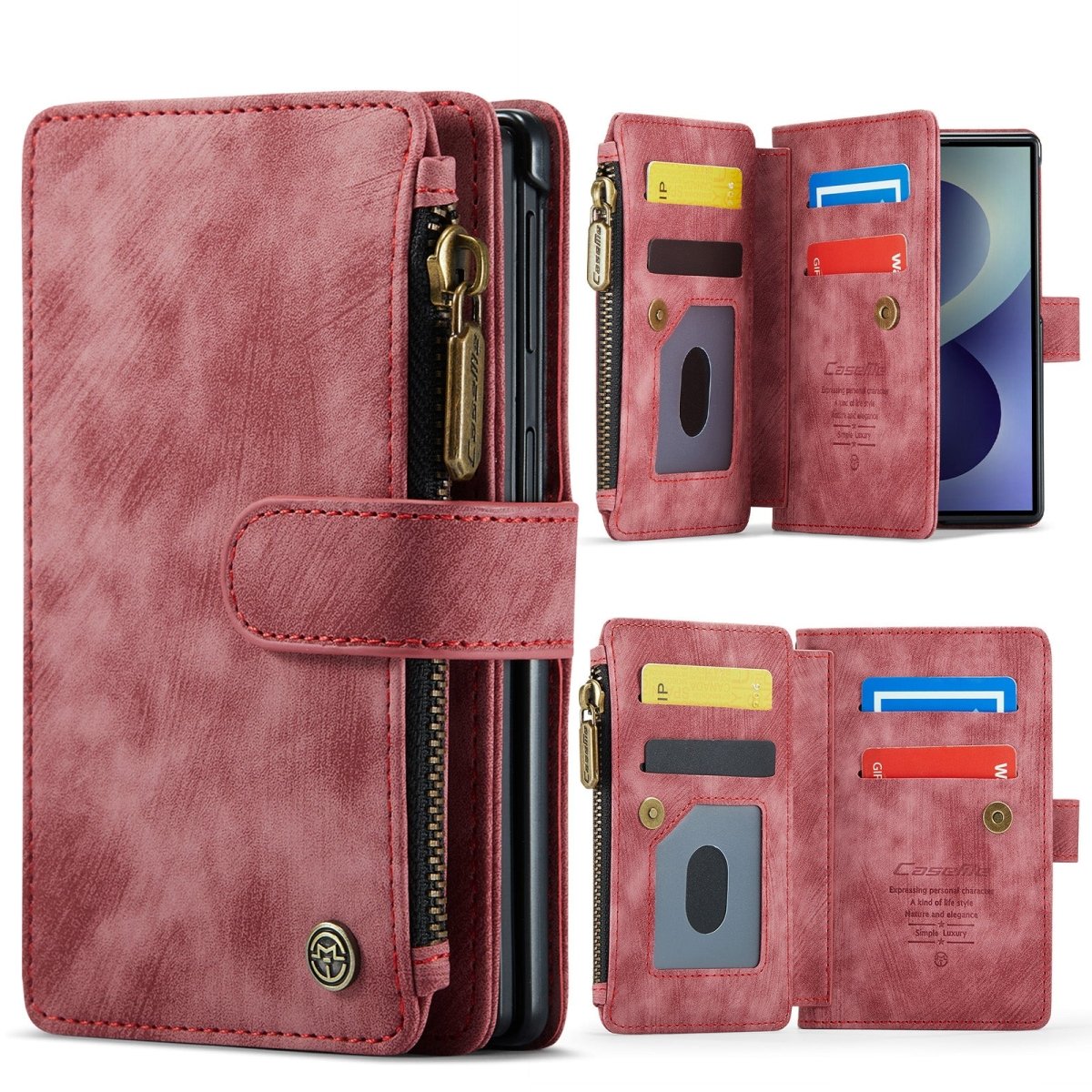 Zipper Leather Wallet Case For Samsung Z Fold - Red