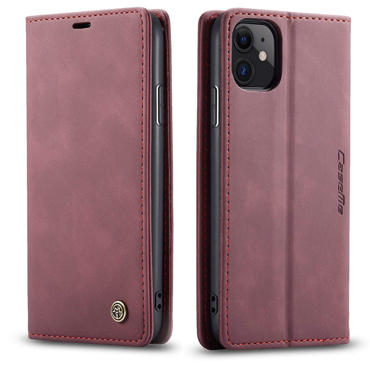Leather Phone Wallet Case - Wine Red