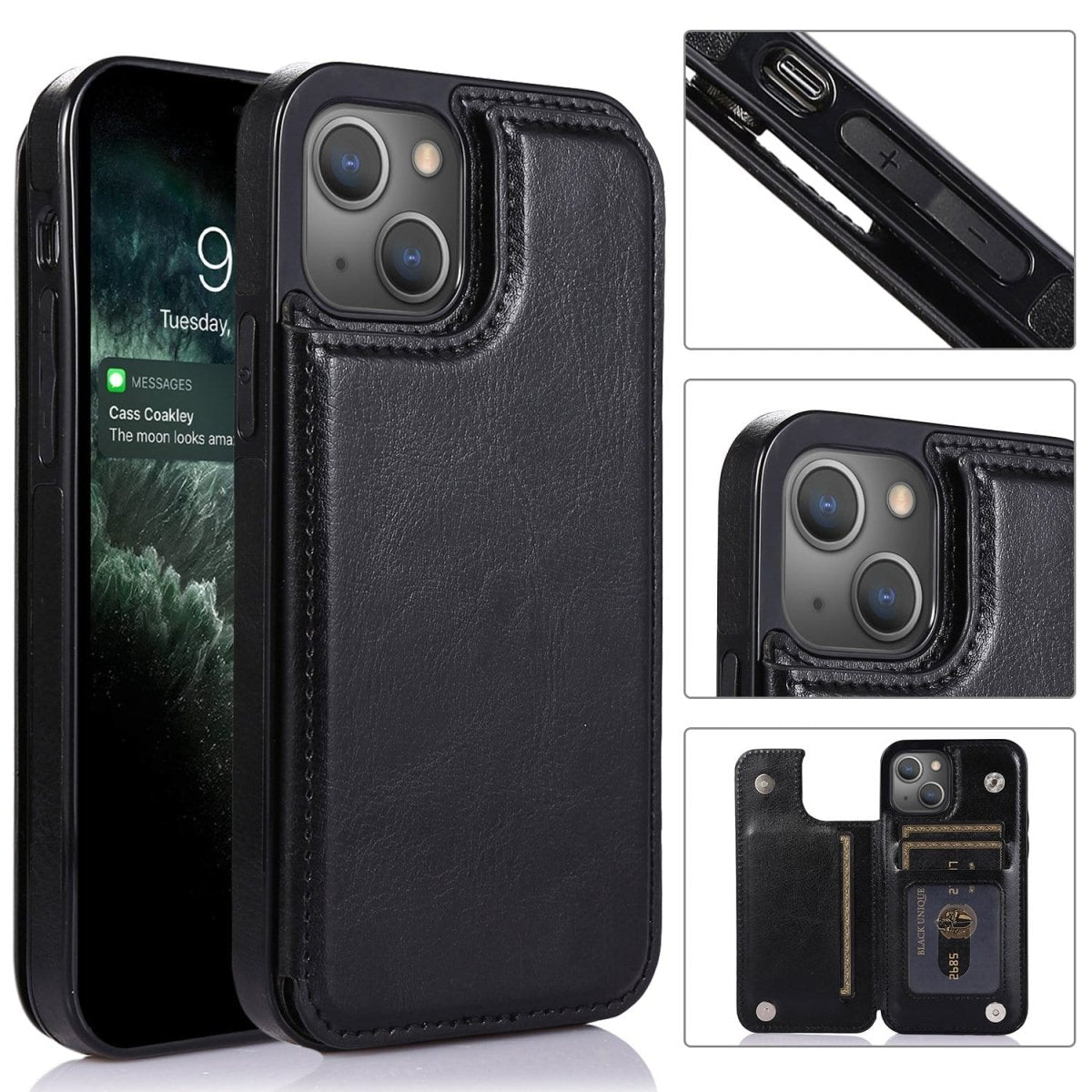 Flip Leather Phone Wallet Case - Black