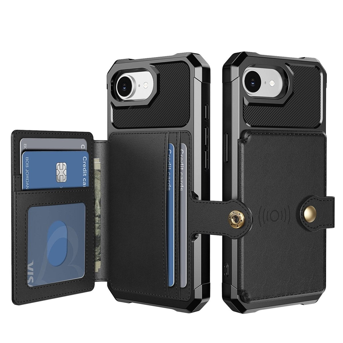 Magnetic Leather Phone Wallet Case - Black