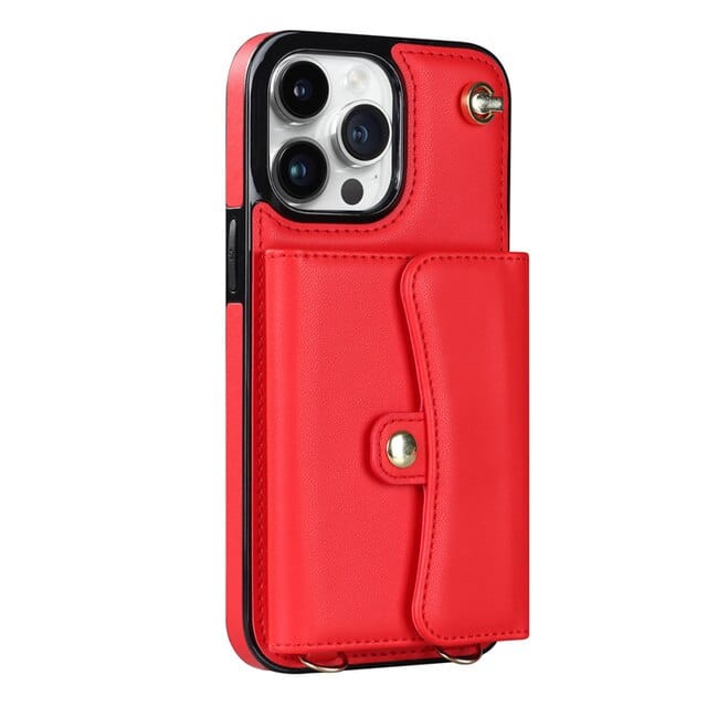 Cardholder Leather Phone Case With Lanyard - Red