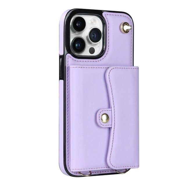 Cardholder Leather Phone Case With Lanyard - Purple