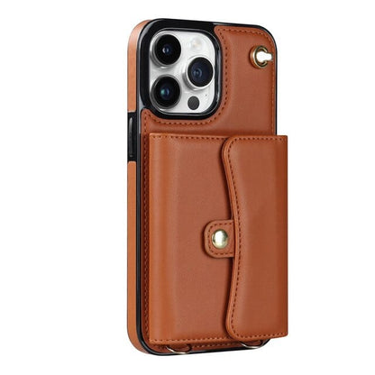 Cardholder Leather Phone Case With Lanyard - Brown