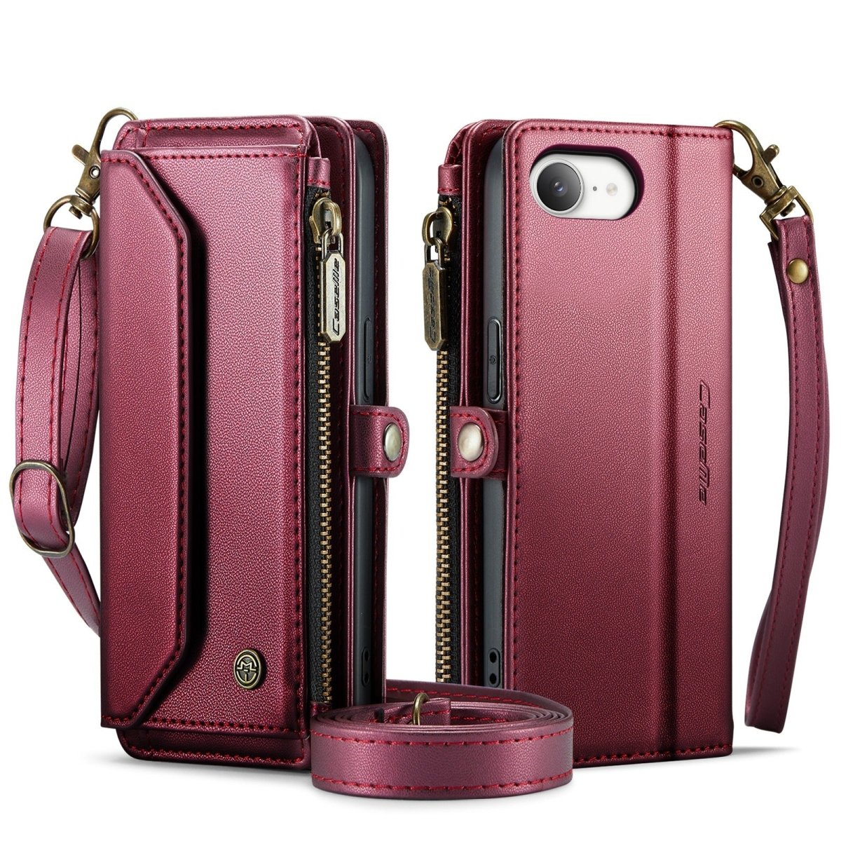 RFID Crossbody Leather Wallet Phone Case - Wine Red