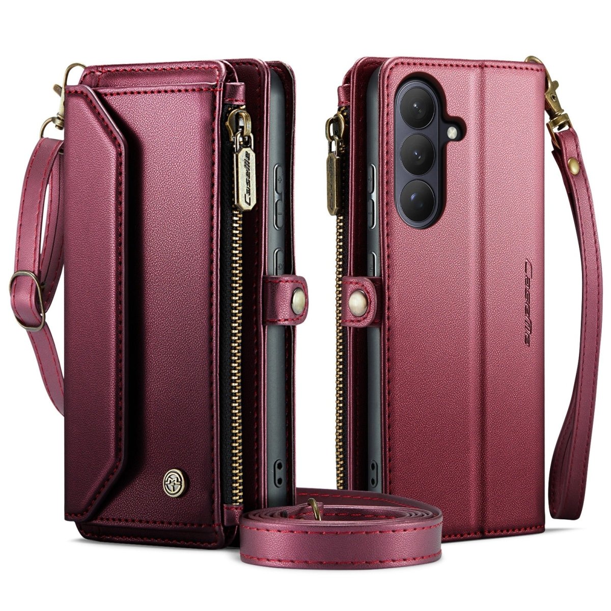RFID Crossbody Leather Wallet Case For Samsung Galaxy - Wine Red