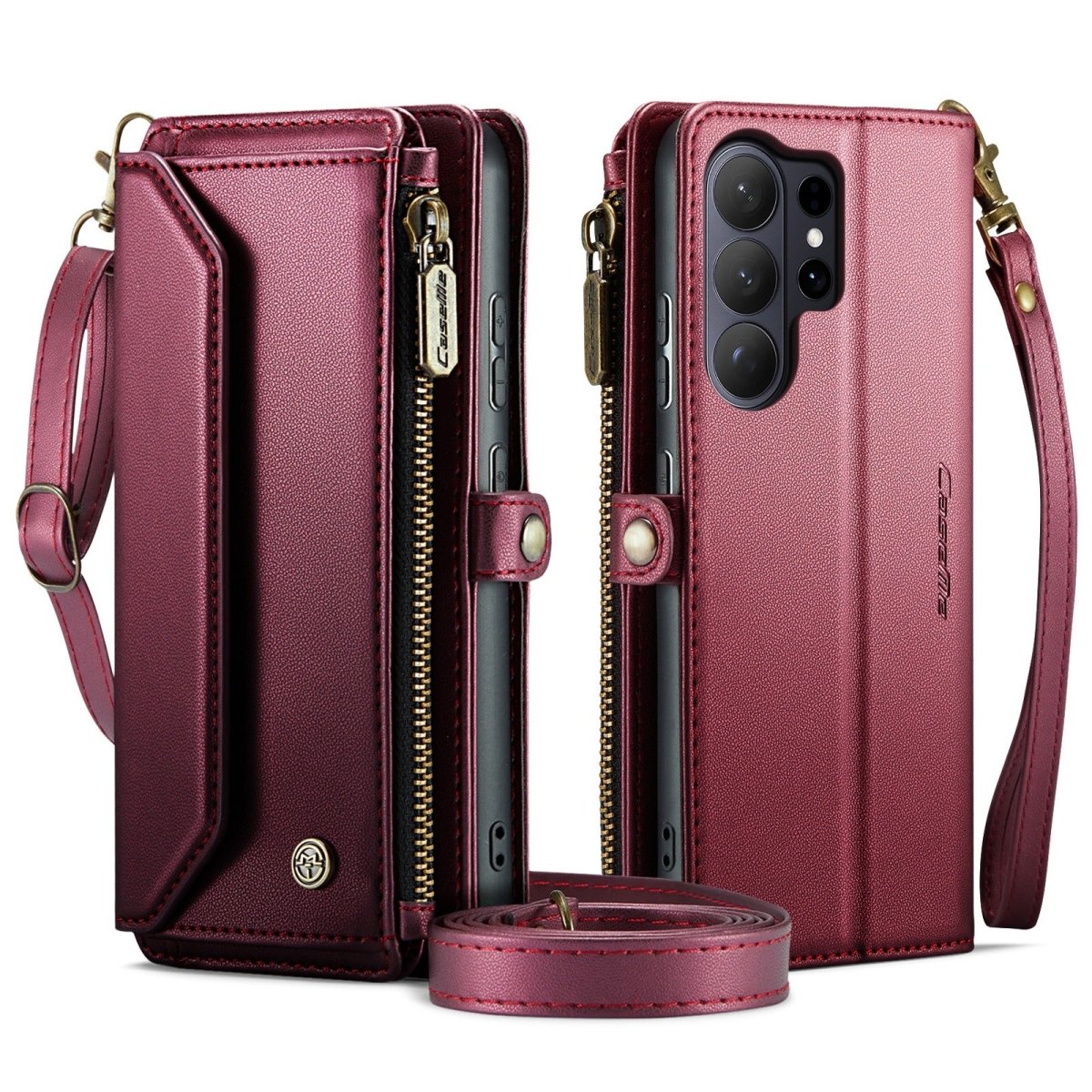 RFID Crossbody Leather Wallet Case For Samsung Galaxy - Wine Red