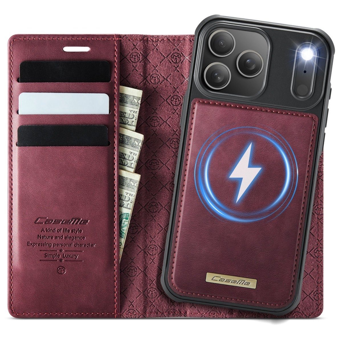 RFID Detachable Leather Card Holder Phone Case - Wine Red