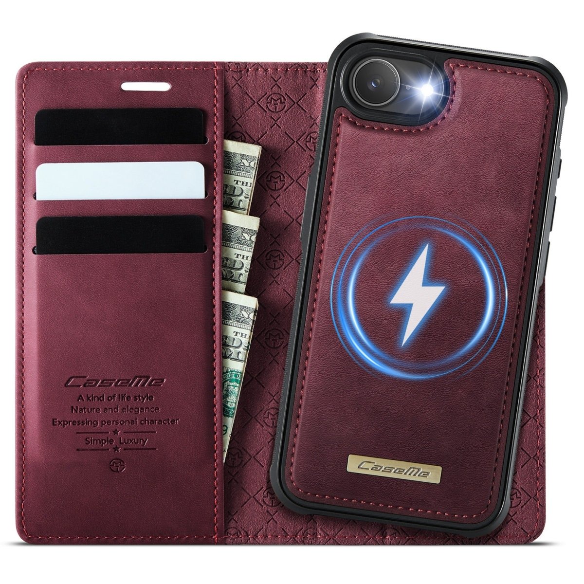 RFID Detachable Leather Card Holder Phone Case - Wine Red