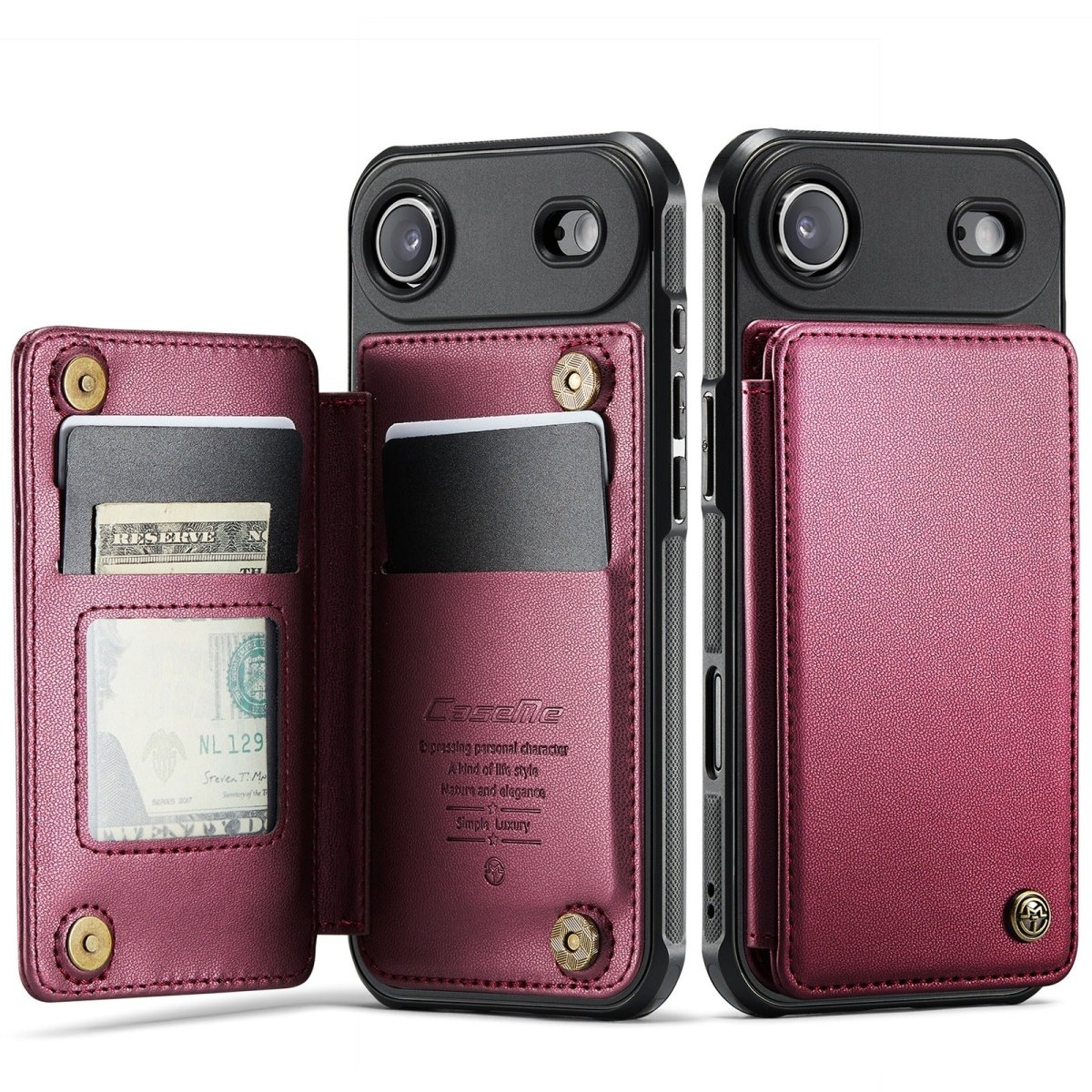 RFID Flip Leather Wallet Phone Case - Wine Red
