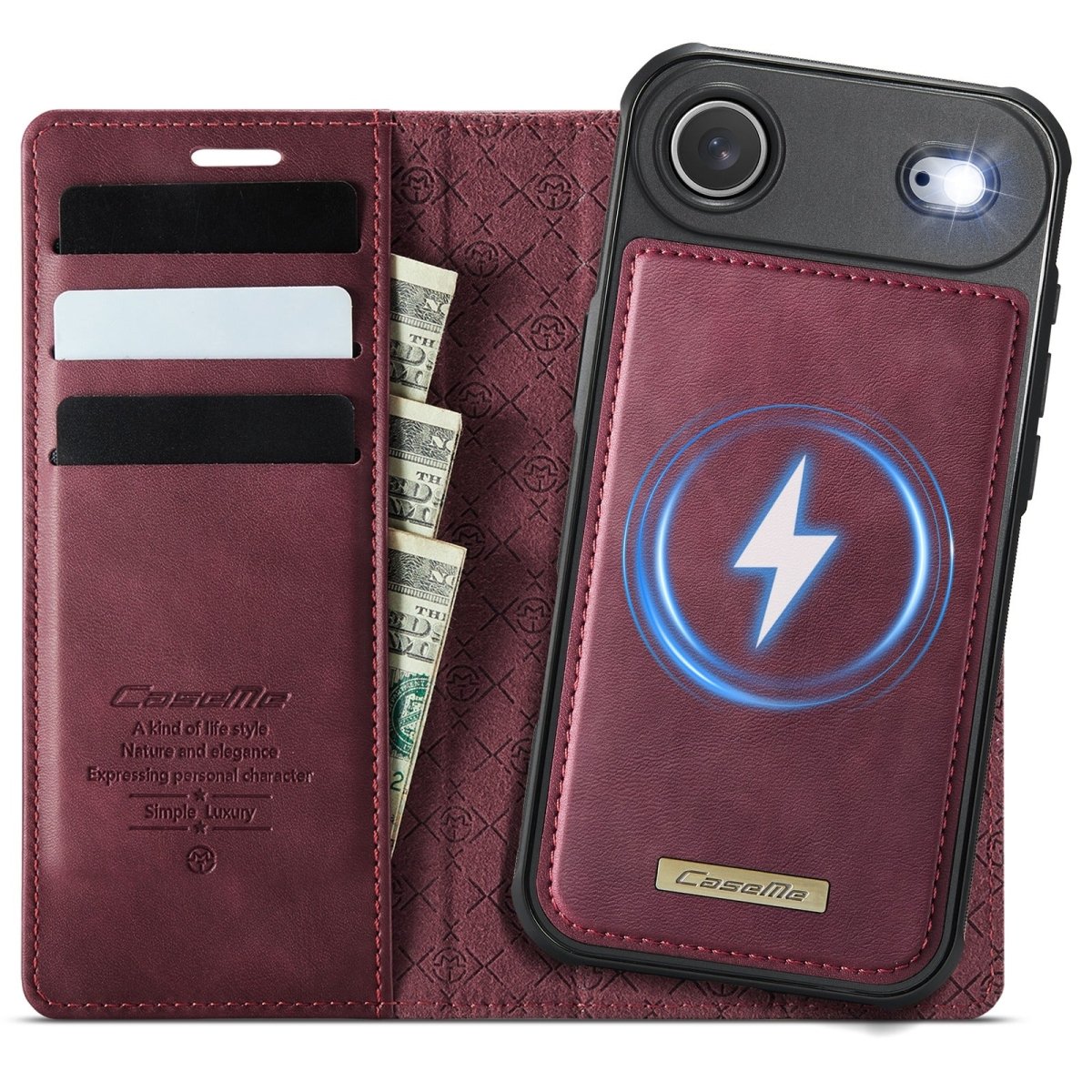 RFID Detachable Leather Card Holder Phone Case - Wine Red