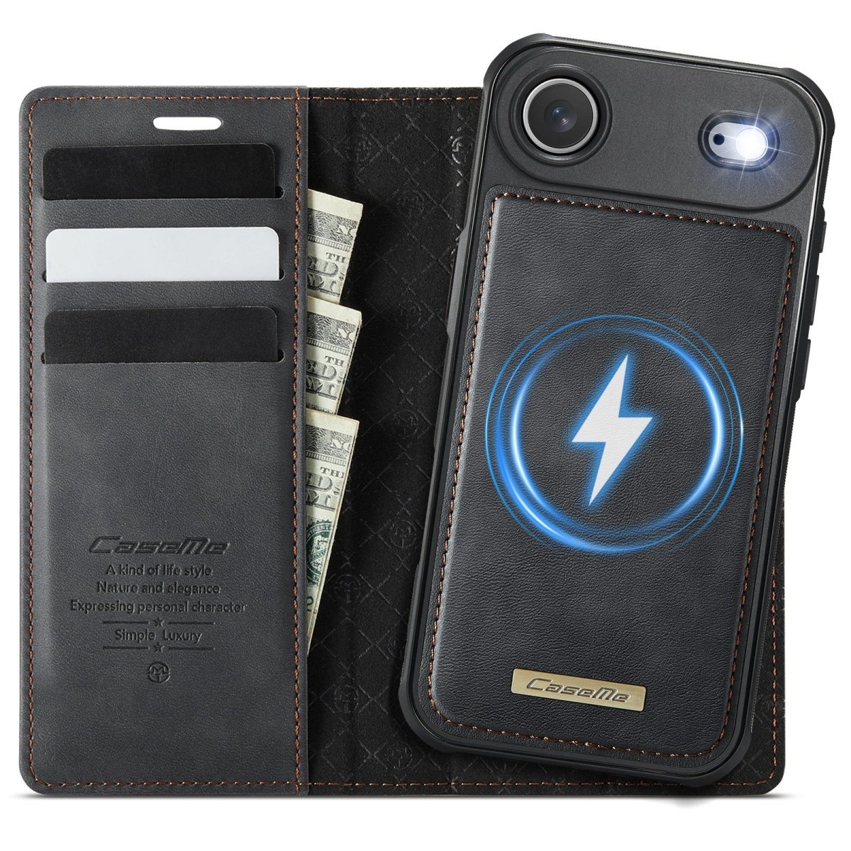 RFID Detachable Leather Card Holder Phone Case - Black