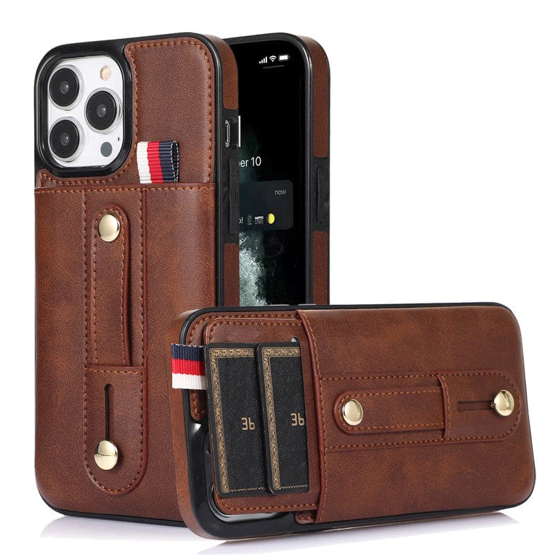 Leather Card Holder Phone Case With Kickstand - Brown