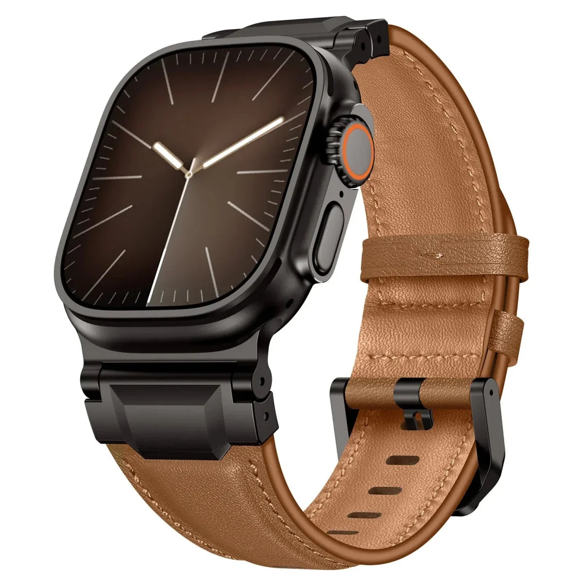 Leather Stainless Steel Watch Band - Red Brown-black