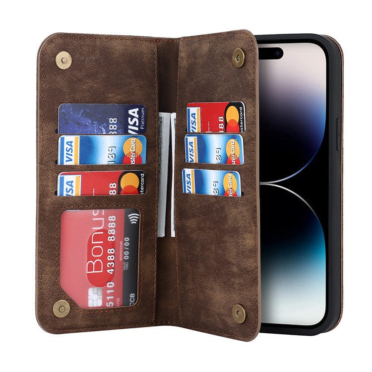 Leather Wallet Phone Case With Magnetic Charging - Brown