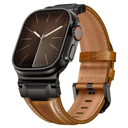 Leather Stainless Steel Watch Band - Retro Brown-black