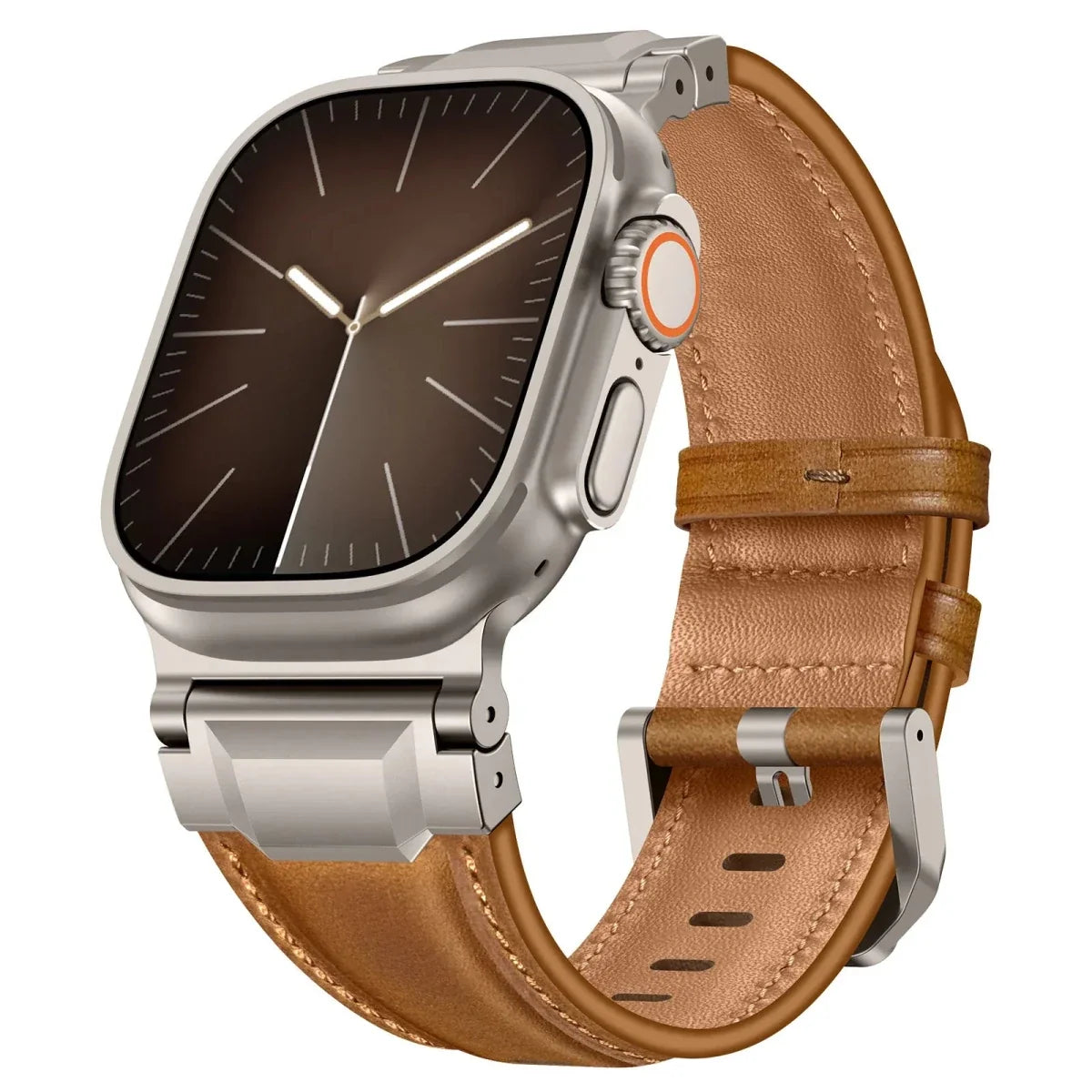 Leather Stainless Steel Watch Band - Red Brown-Titanium