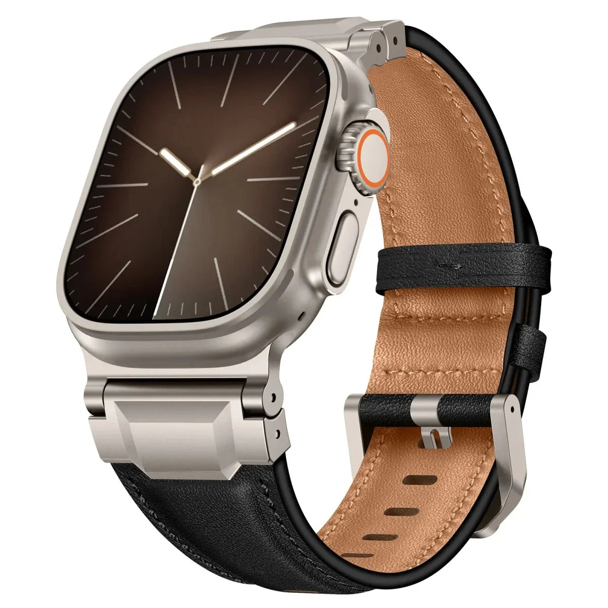 Leather Stainless Steel Watch Band - Black-Titanium