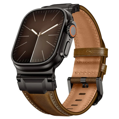 Leather Stainless Steel Watch Band - Dark Brown-Black