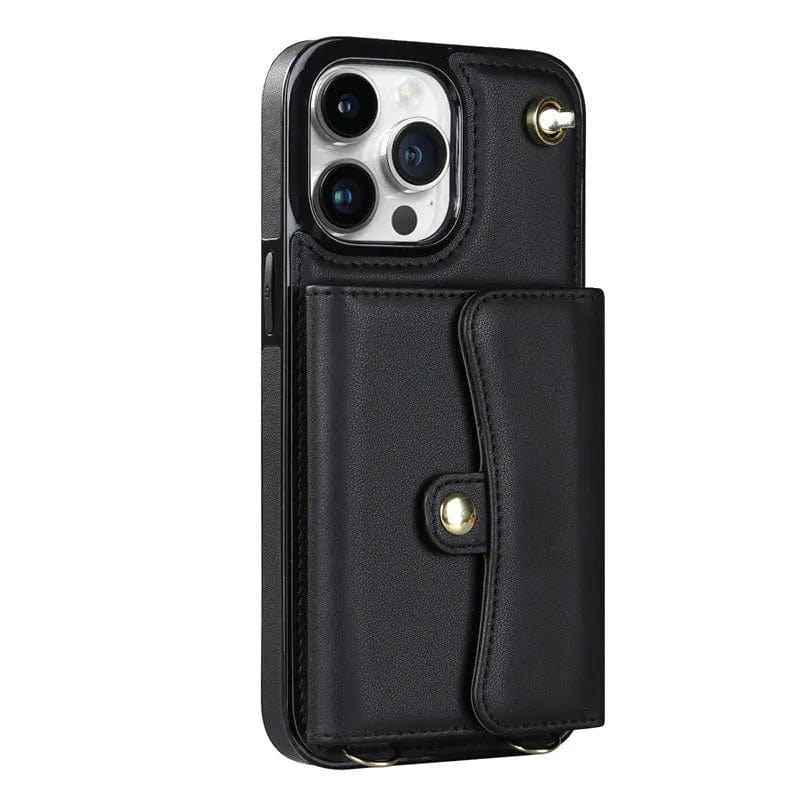 Cardholder Leather Phone Case With Lanyard - Black