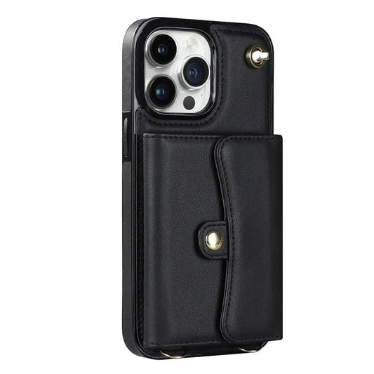 Cardholder Leather Phone Case With Lanyard - Black