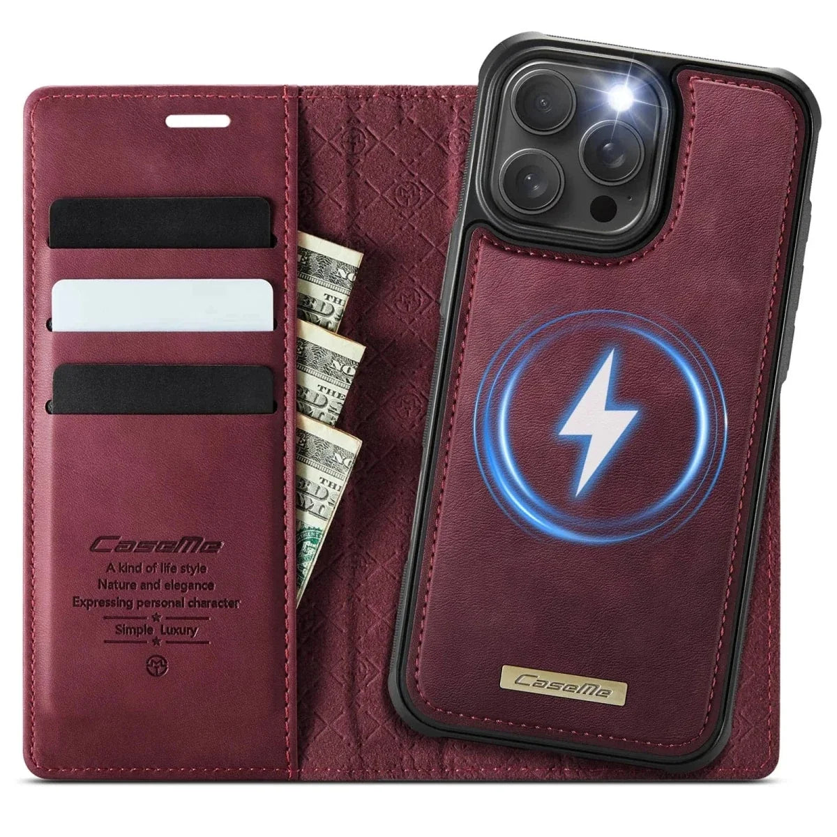 RFID Detachable Leather Card Holder Phone Case - Wine Red