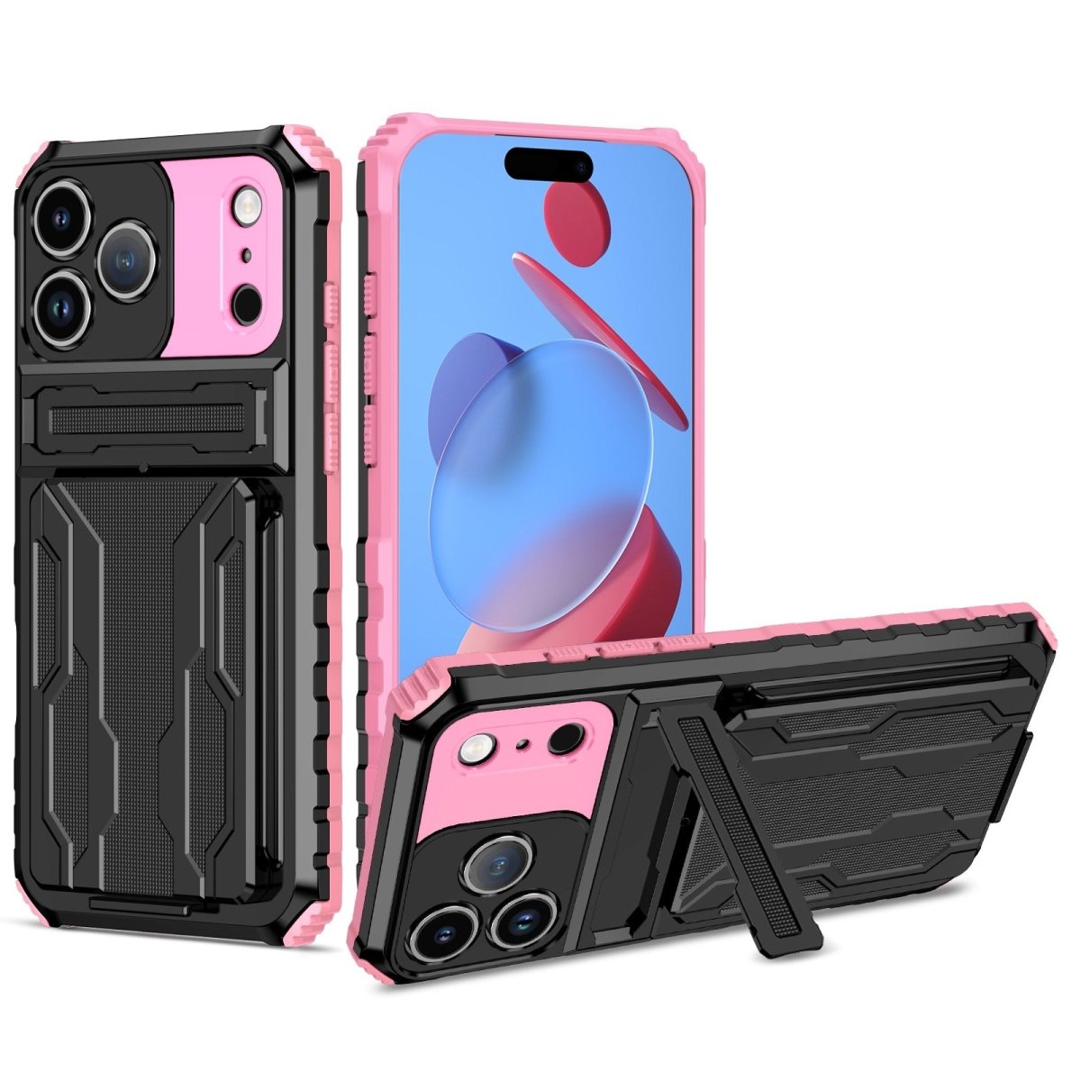 Shockproof Card Holder Phone Case With Kickstand - Pink