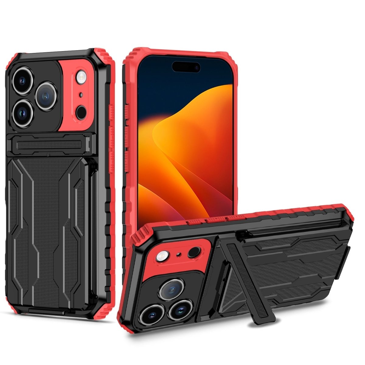 Shockproof Card Holder Phone Case With Kickstand - Red