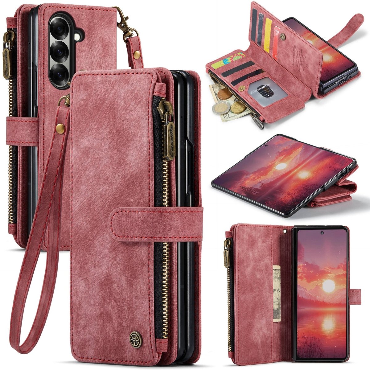 Zipper Leather Wallet Case For Samsung Z Fold - Red