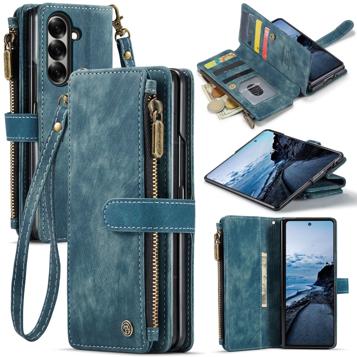 Zipper Leather Wallet Case For Samsung Z Fold - Blue