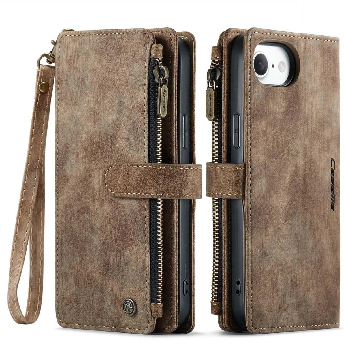 Zipper Leather Wallet Phone Case - Brown