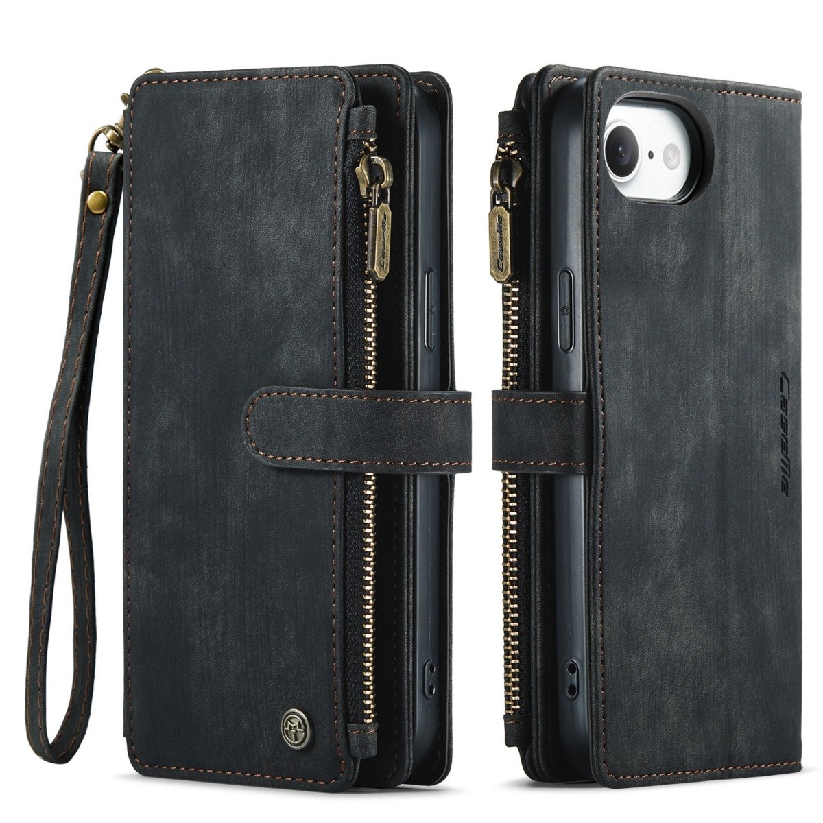 Zipper Leather Wallet Phone Case - Black