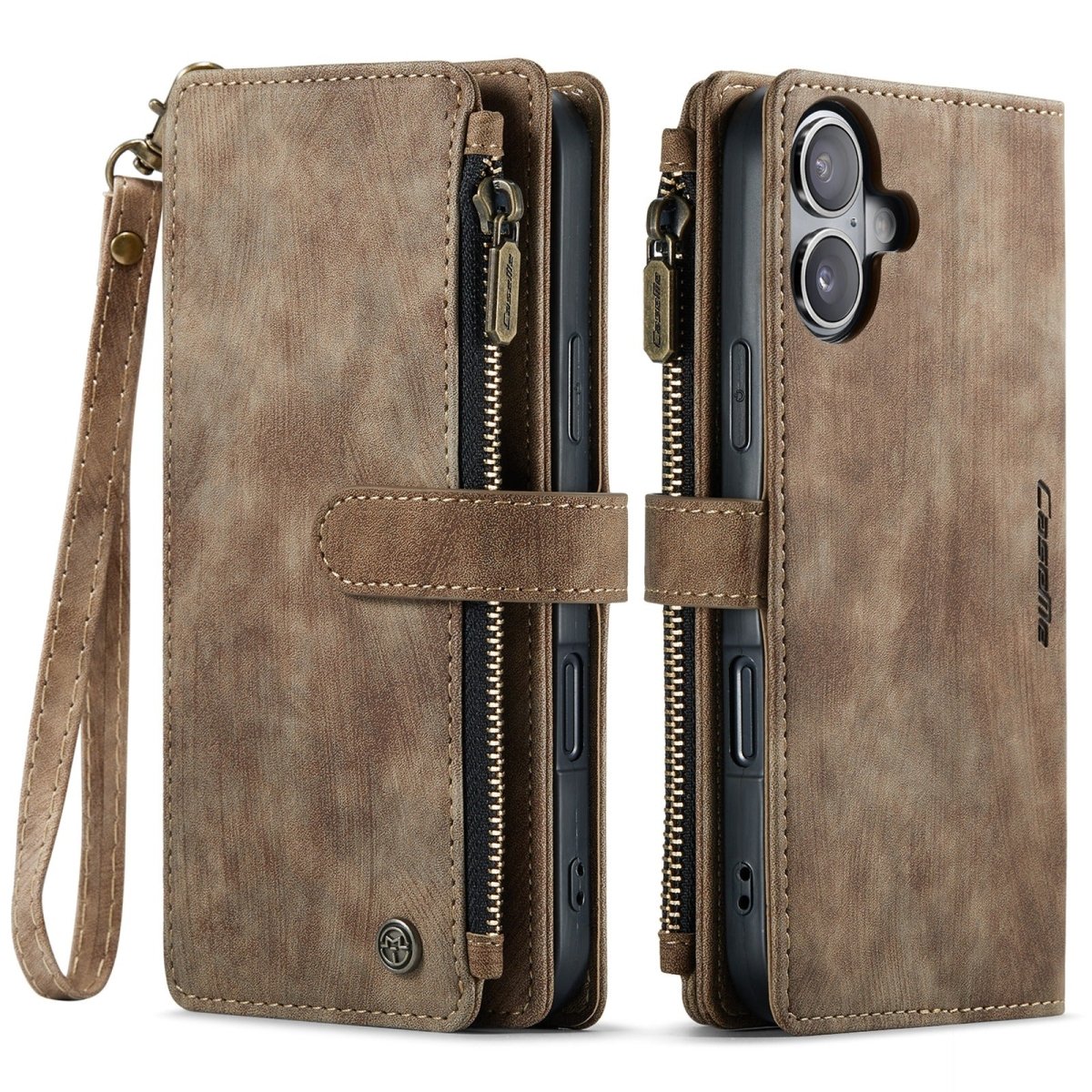 Zipper Leather Wallet Phone Case - Brown