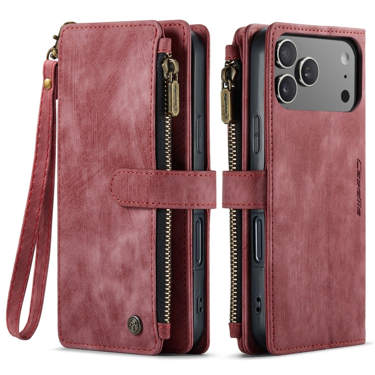 Zipper Leather Wallet Phone Case - Red