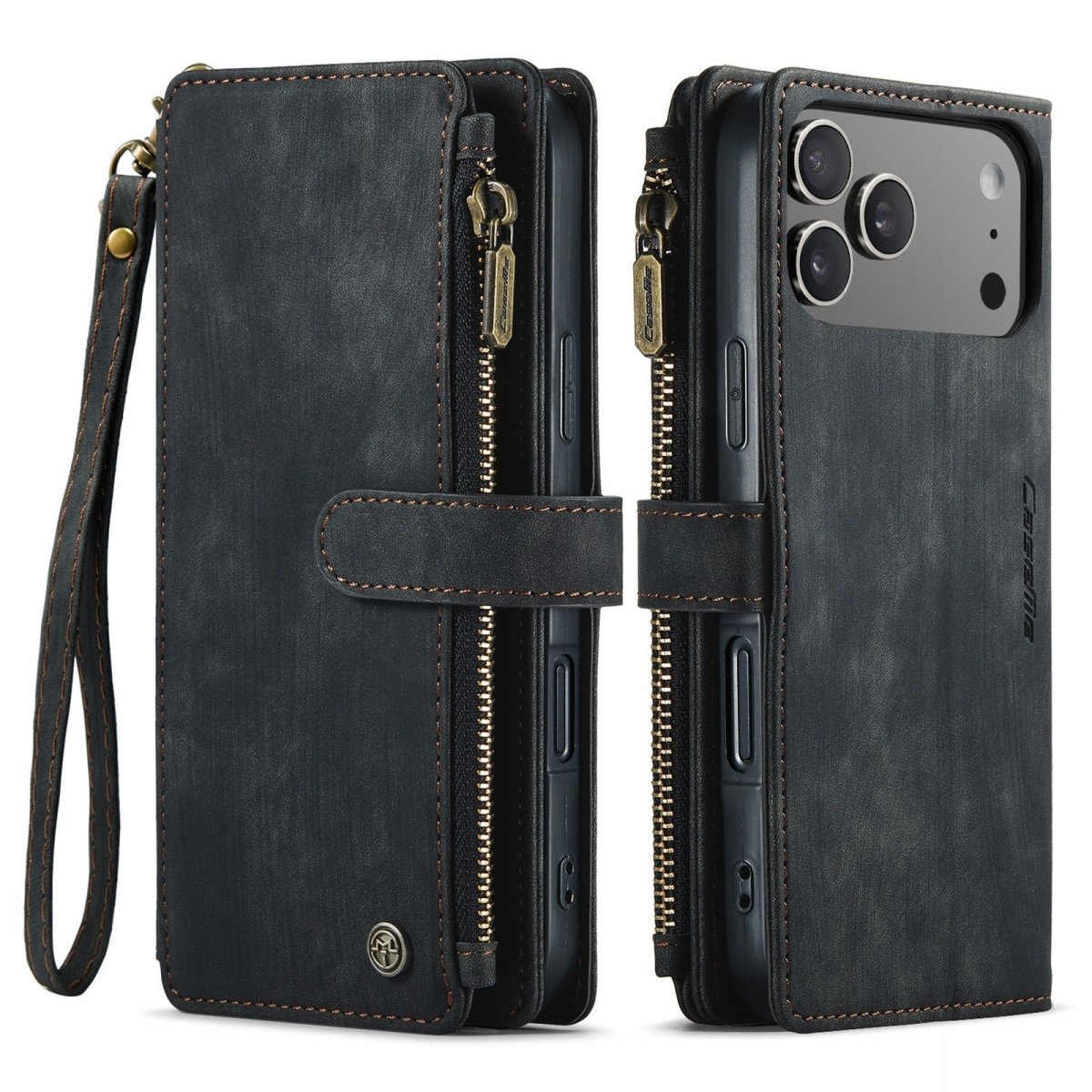 Zipper Leather Wallet Phone Case - Black