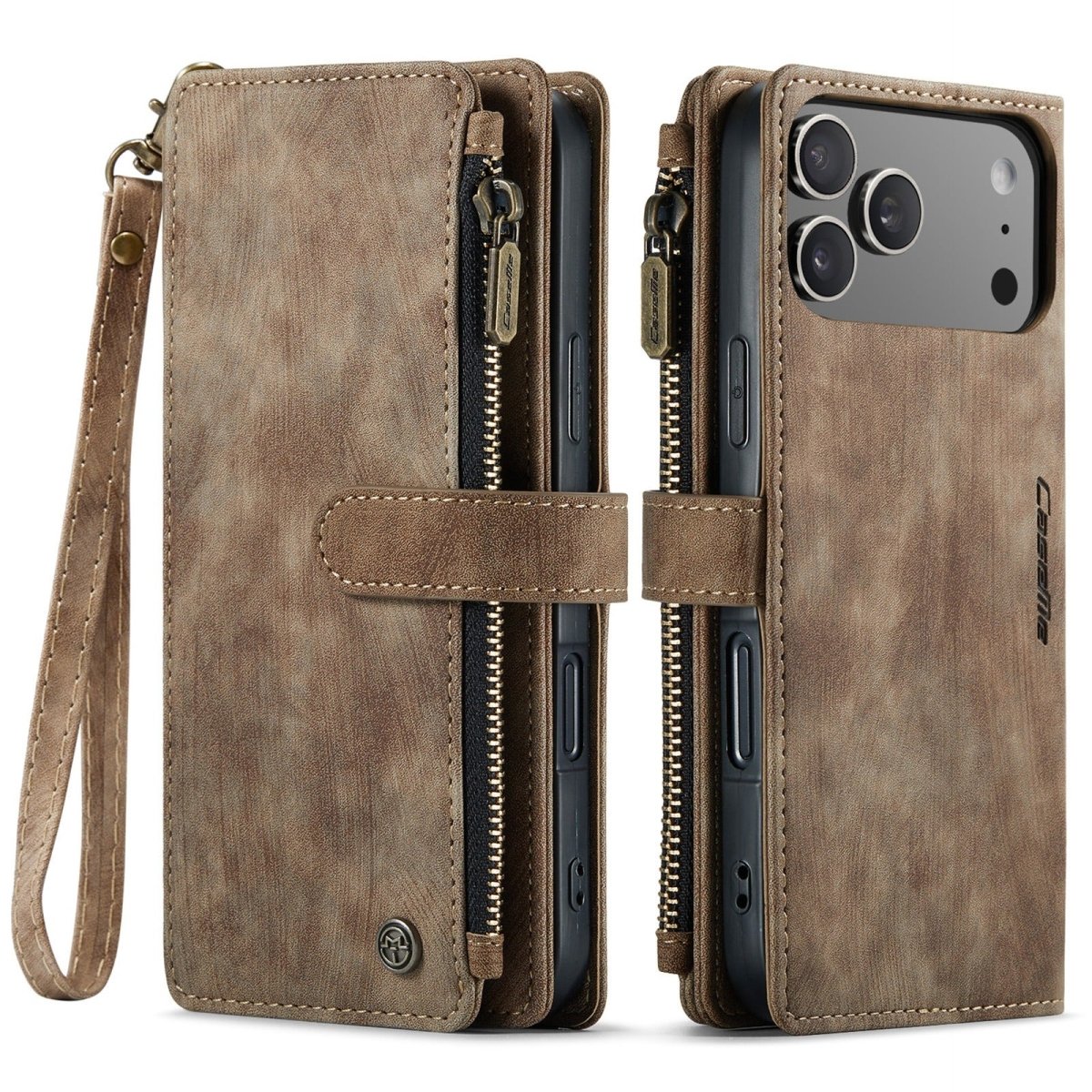 Zipper Leather Wallet Phone Case - Brown