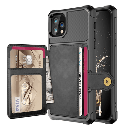 Magnetic Leather Phone Wallet Case - Black