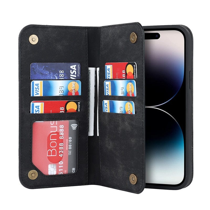 Leather Wallet Phone Case With Magnetic Charging - Black