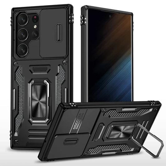 Magnetic Case With Kickstand & Camera Cover For Samsung S Series - Black